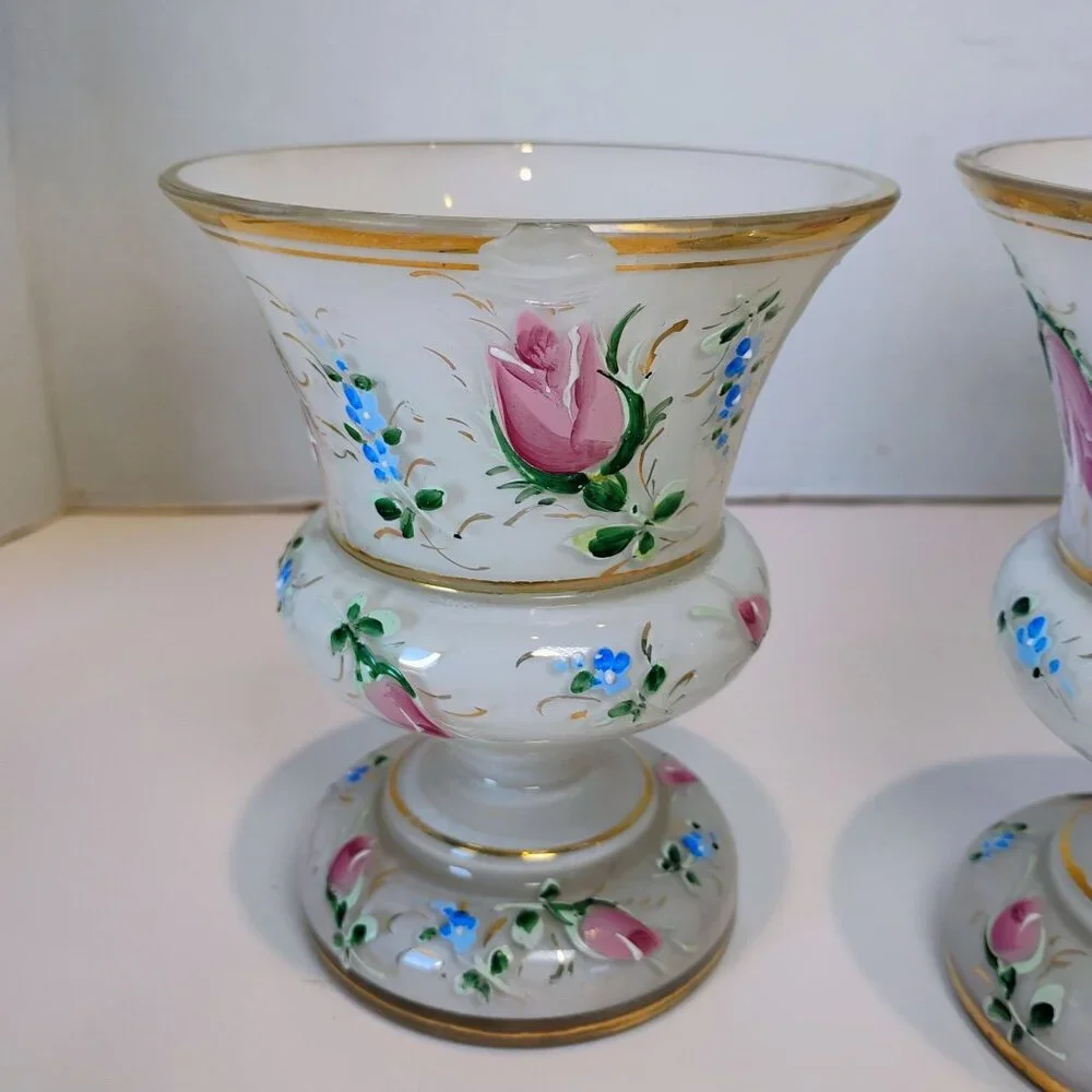 Bohemian Czech Cased Glass Vases Pair White Painted Pink Roses -CHIP READ